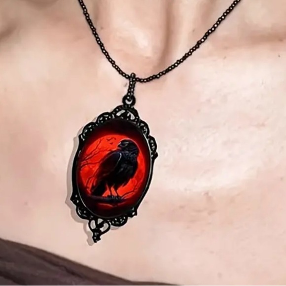 Red Moon Eagle Cameo Necklace Gothic Style Glass Pendent Choker Mystic Witch Jew - Picture 8 of 14